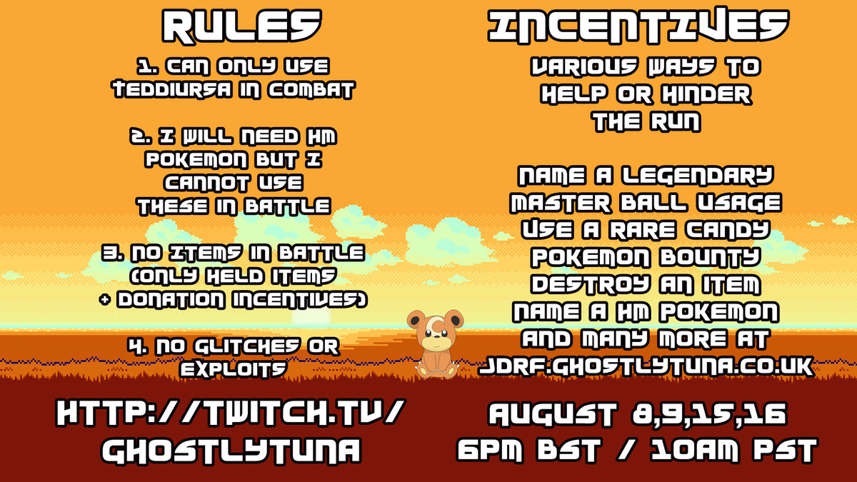 GhostlyTuna's tweet photo. We're back with day 2 of our @JDRFGame2Give charity stream! We're three badges down in Pokemon Leaf Green with only one Teddiursa! https://t.co/5q4C7ODvQl New incentives are live to make the run even harder. New bounties in an effort to eliminate type one diabetes! RT = <3 https://t.co/EgjpQLXLTJ