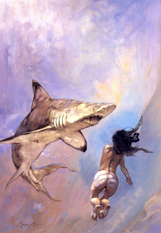 frazettagirls's tweet photo. It’s Shark Week! 🦈 “A Requiem of Sharks” artwork by Frank Frazetta #SharkWeek https://t.co/nc3WJrvXsV