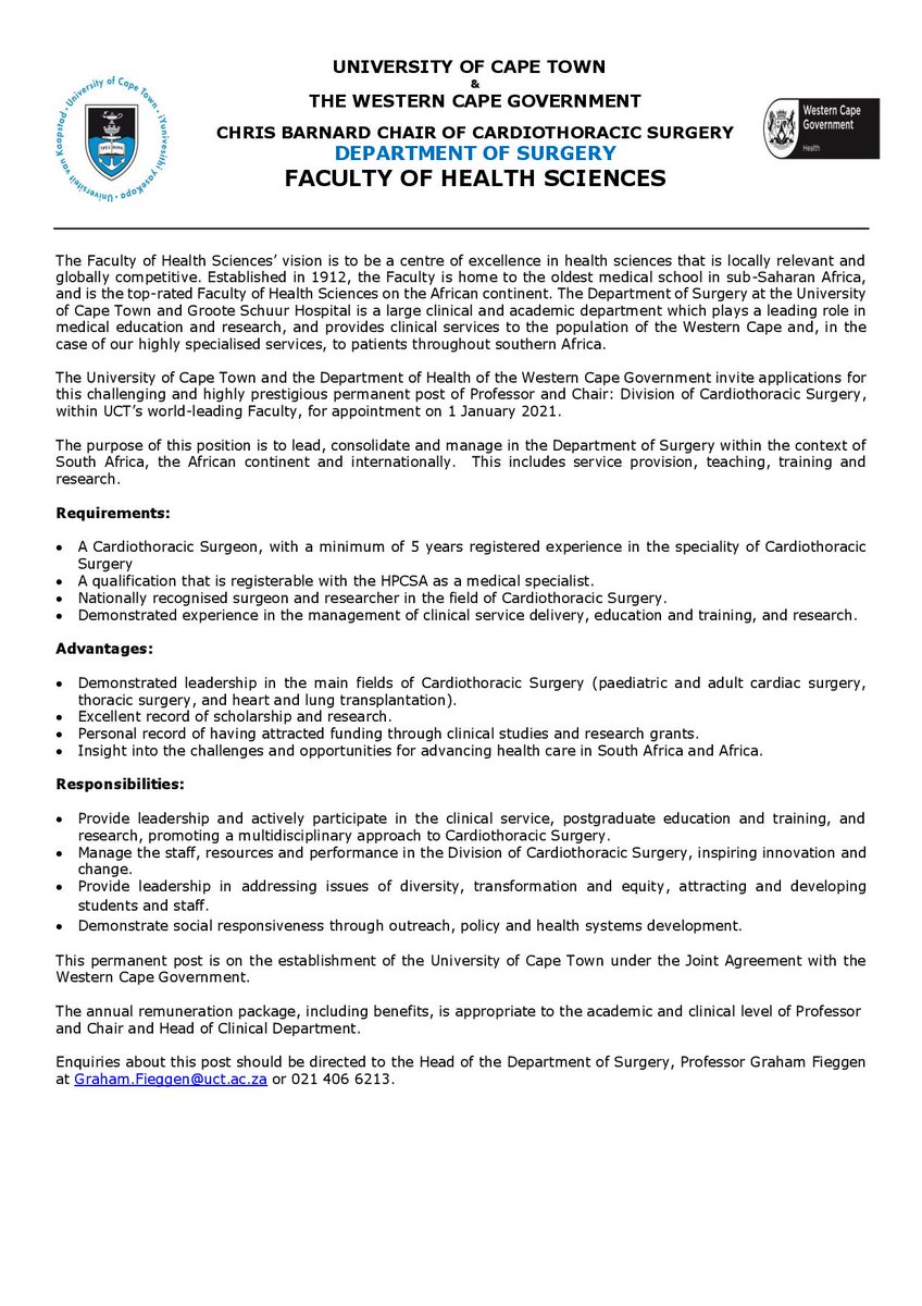 Uct Health Sciences On Twitter Job Advert Chris Barnard Chair Of Caroracic Surgery Dep Of Surgery Uct Dep Of Health Of The Wc Gov Invite Applications For This Highly Prestigious Permanent