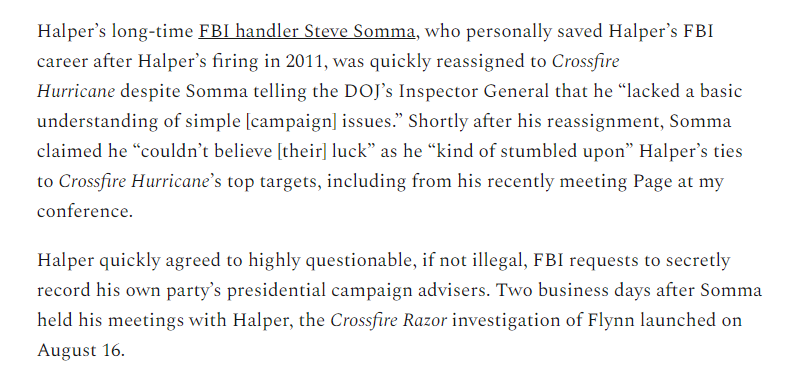 Yes, Somma and the other FBI involved in Crossfire Hurricane just couldn't believe their 'luck', that by the time Halper approached them to renew his CHS status with the agency, he was already in contact with both  @carterwpage &  @GeorgePapa19. Newsflash: this was NOT "luck".