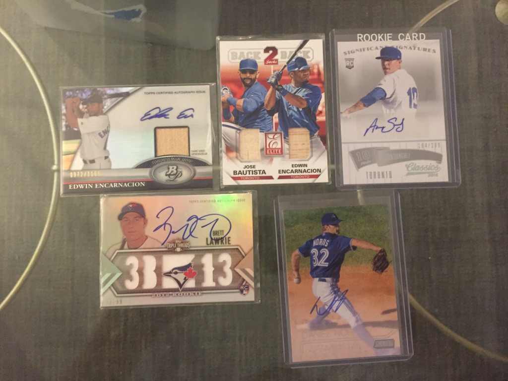 Blue Jays:Edwin Encarnacion auto relic /1166: $20Jose Bautista/Edwin Encarnacion dual relic: $7Aaron Sanchez auto /299: $7Brett Lawrie auto relic /99: $7Daniel Norris auto: $5