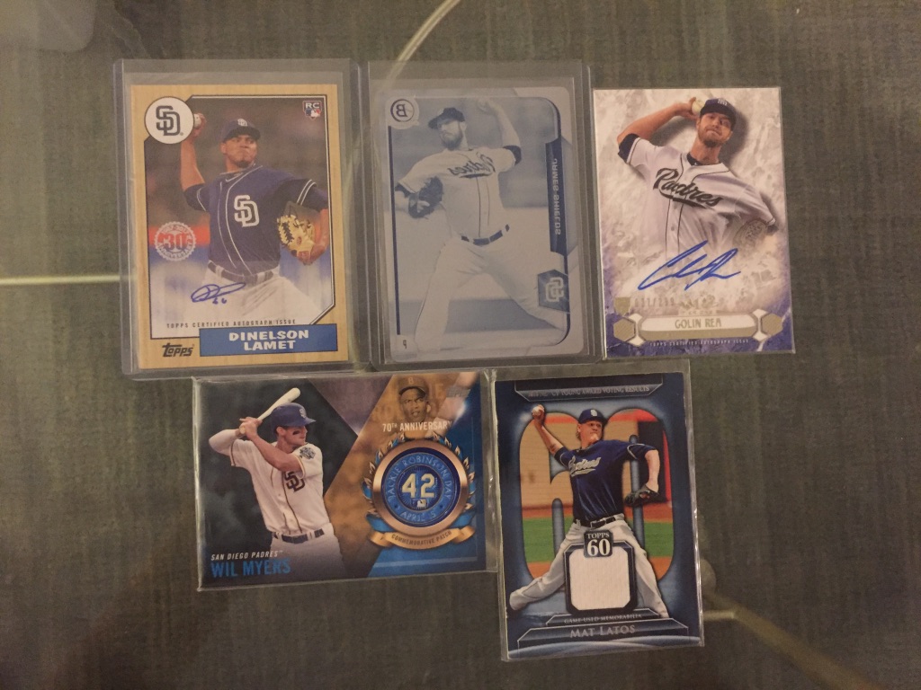 Padres:Dinelson Lamet auto: $12James Shields plate: $12Colin Rea auto /299: $5Wil Myers medallion: $4Mat Latos relic (has some damage): $2