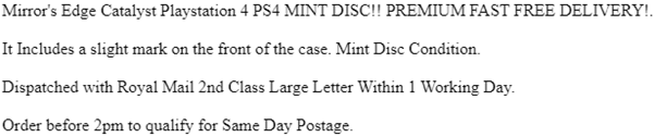 6.8 Ebay ListingsProduct Description:You want to give as much information as possible.Describe:- Any faults - Condition- Delivery InformationThis is where you build your offer.Here is an example:- Stating the faults- Stacking my offer - Creating urgency