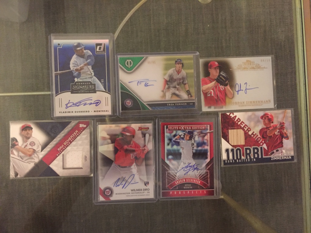 Nationals/Expos:Vladimir Guerrero auto /49: $25Trea Turner auto /99: $25Jordan Zimmerman auto /15: $7Max Scherzer relic: $6Wilmer Difo auto: $4Andrew Steveson auto: $4Ryan Zimmerman relic: $4