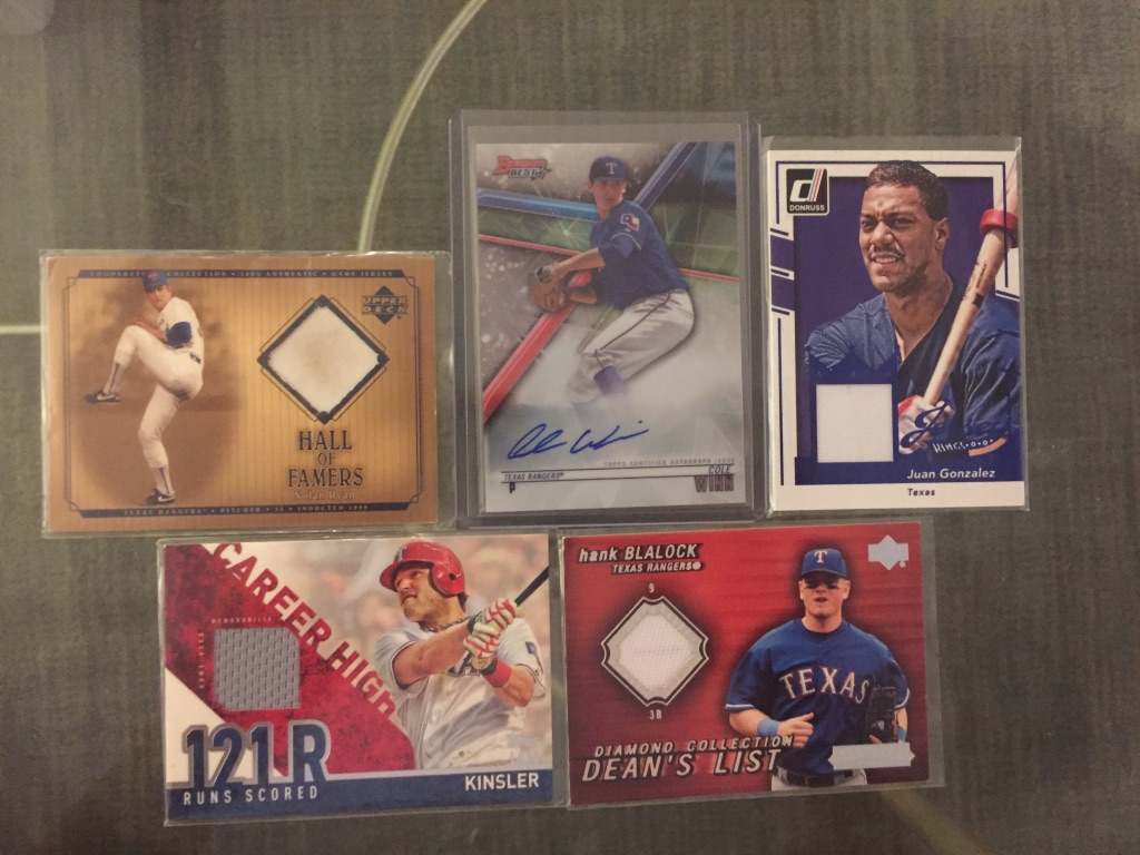 Rangers: Nolan Ryan relic (has some damage): $30Cole Winn auto: $5Juan Gonzalez relic: $4Ian Kinsler relic: $3Hank Blalock relic: $2