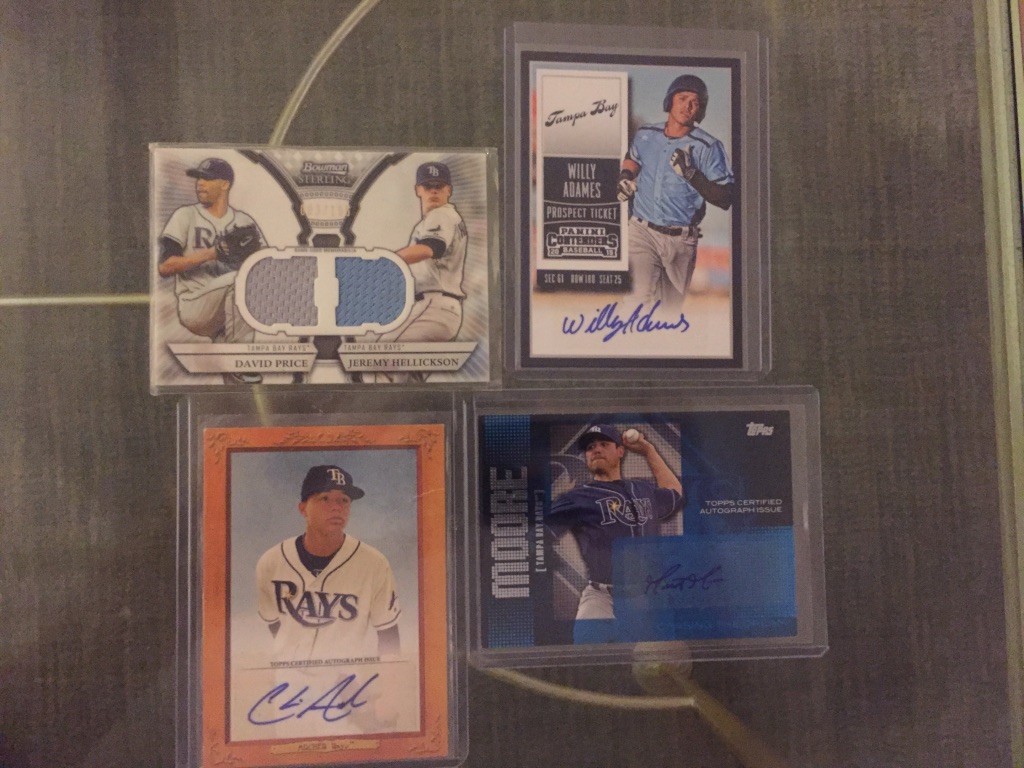 Rays:David Price/Jeremy Hellickson dual relic /196: $12Willy Adames auto: $10Chris Archer auto (has some damage) /689: $7Matt Moore auto: $5