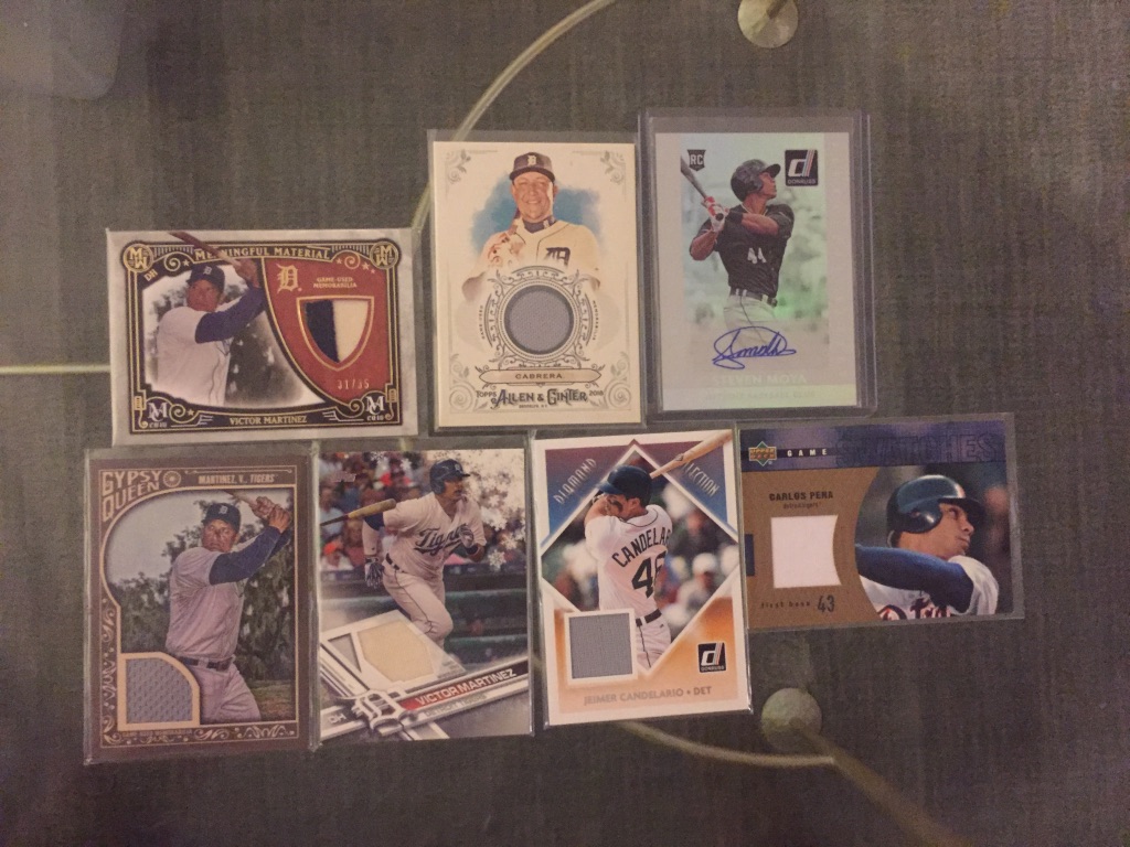 Tigers:Victor Martinez patch /35: $8Miguel Cabrera relic: $6Steven Moya auto: $4Victor Martinez relics: $4 eachJeimer Candelario relic: $3Carlos Pena relic: $3