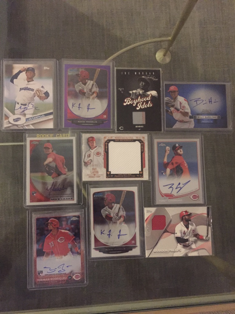 Reds:Luis Castillo auto: $25Kevin Franklin autos: Purple /10 $10, base $4Joe Morgan patch /615 (has some damage): $7Billy Hamilton auto: $7Mike Leake auto: $7Mat Latos relic /35: $6Tony Cingrani auto: $5Yorman Rodriguez auto: $4Brandon Phillips relic: $3