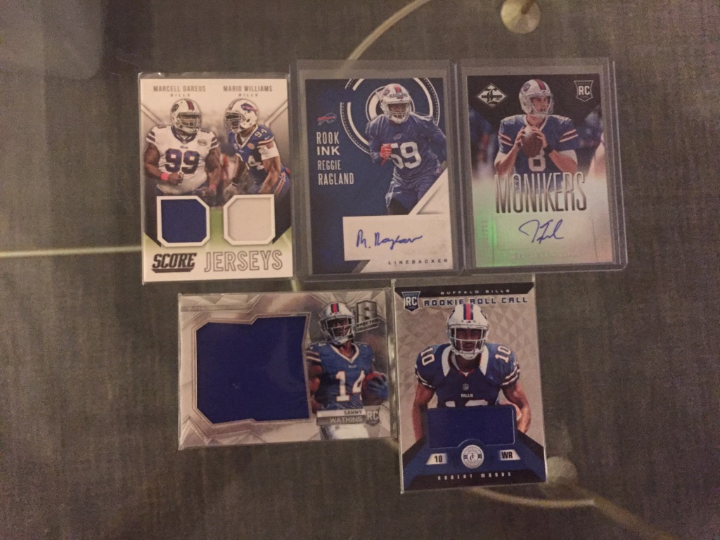 Bills:Marcell Dareus/Mario Williams dual relic: $4Reggie Ragland auto: $4Jeff Tuel auto /299: $4Sammy Watkins relic /199: $4Robert Woods relic /299: $4