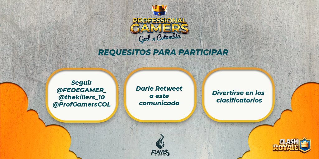 empecemos con lo mas difícil...

1. @FedeGamer_ 
2. <a href="/THEKILLERS_10/">th</a> 
3. @ProfgamersCOL 

por ultimo darle retweet.

y recuerden el que no se divierta en este torneo esta automáticamente descalificado del mismo... 

¡queremos que toda la comunidad Colombiana participe!
