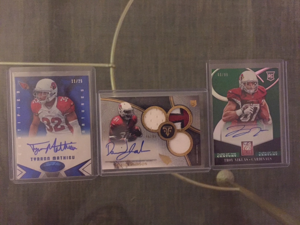 Cardinals:Tyrann Mathieu auto /25: $30David Johnson RPA /99: $20Troy Niklas auto /99: $4