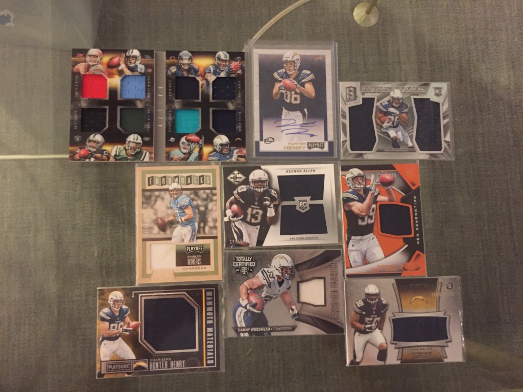 Chargers:8x relic booklet /199 with Gordon: $20Hunter Henry auto /10: $12Melvin Gordon dual relic /199: $7Philip Rivers relic /199: $7Keenan Allen dual relic /199: $6Joey Bosa relic /399: $4Hunter Henry relic /199: $4Danny Woodhead relic: $3Manti Te’o relic /1206: $2