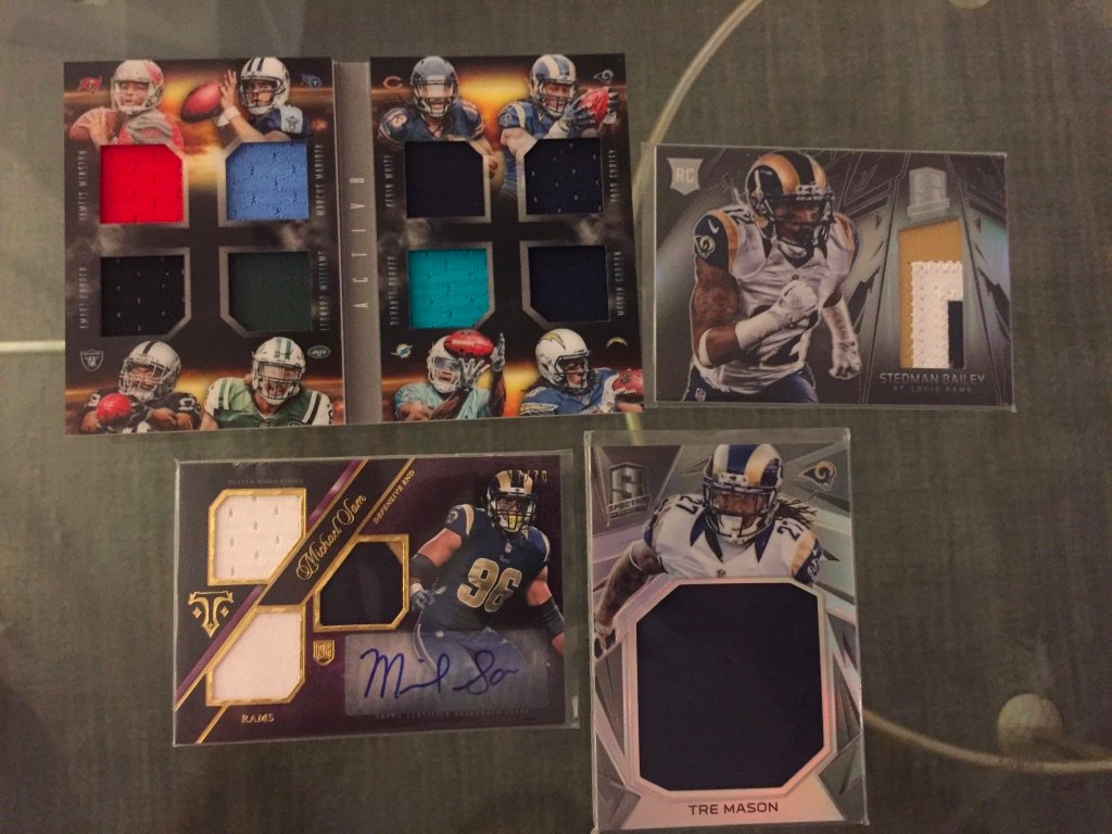 Rams:8x relic booklet /199 with Todd Gurley: $20Stedman Bailey patch /99: $5Michael Sam RPA /70: $4Tre Mason relic /199: $3