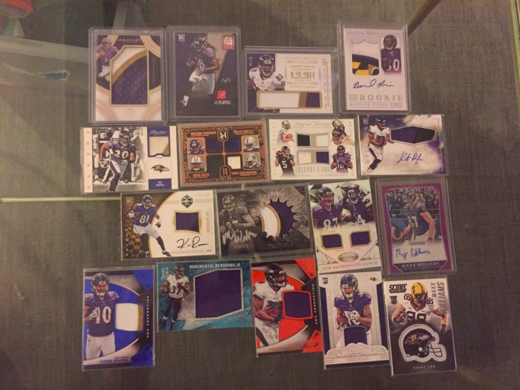 Ravens:Joe Flacco patch /10: $30Breshad Perriman laundry tag 1/1 (has some damage): $30Torrey Smith patch /15: $15Bernard Pierce RPA /99: $10Ed Reed patch: $8Quad relics with Breshad Perriman: $7 eachDual relic with Maxx Williams: $5Kenneth Dixon RPA: $5(continued)