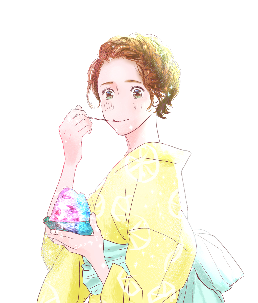 1girl shaved ice solo japanese clothes brown hair food kimono  illustration images