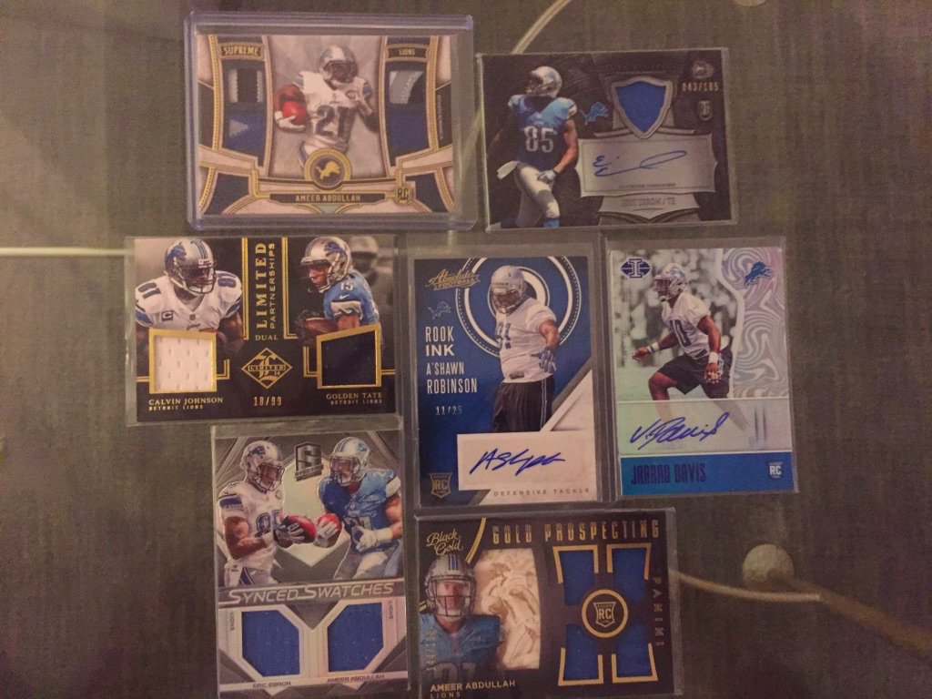 Lions:Ameer Abdullah quad patch /50: $12Eric Ebron RPA /185: $10Calvin Johnson/Golden Tate dual relic /99: $8A’Shawn Robinson auto /25: $8Jarrad Davis auto /100: $7Eric Ebron/Ameer Abdullah dual relic /199: $6Ameer Abdullah quad relic /199: $5