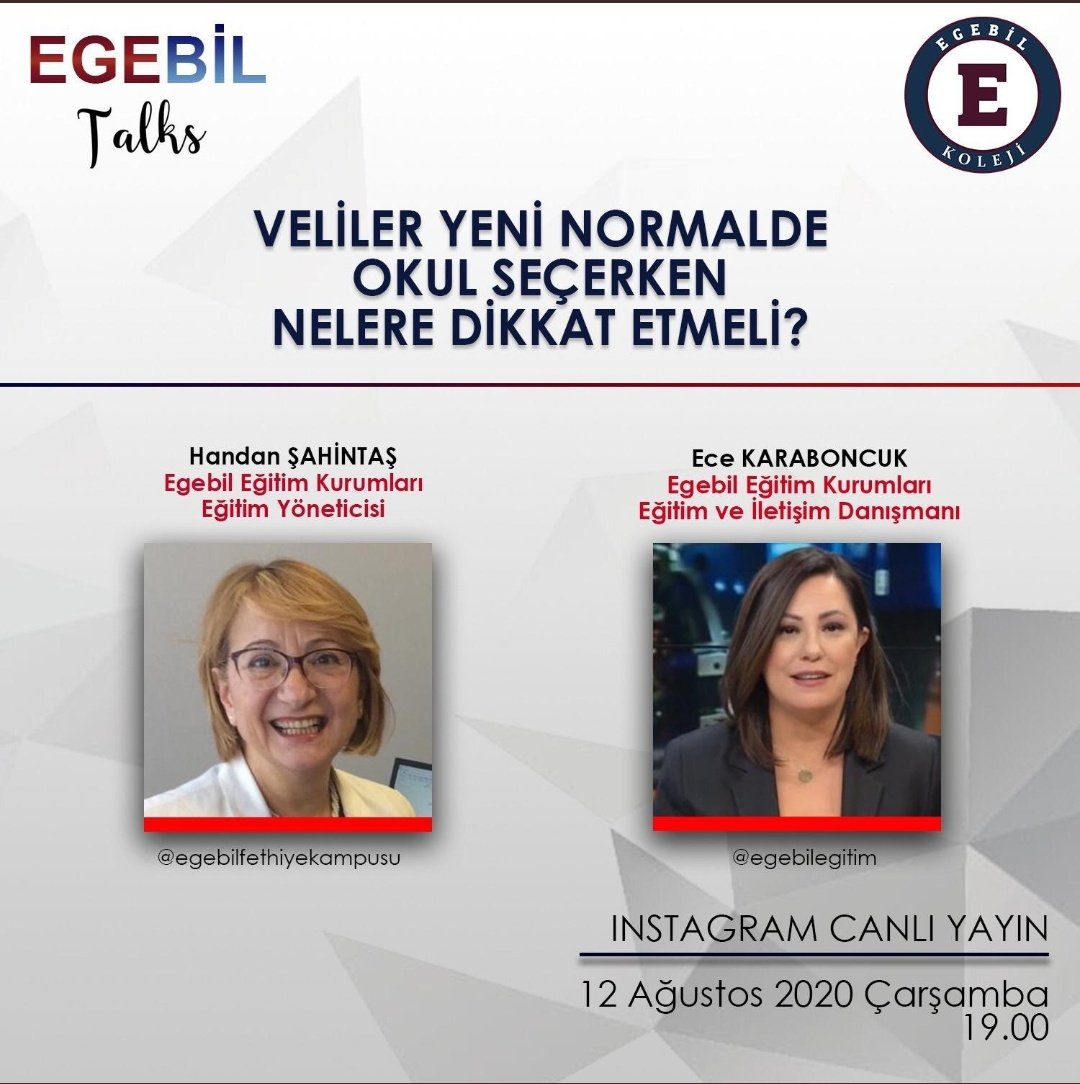 “Veliler yeni normalde okul seçerken nelere dikkat etmeli?” Uzman eğitimciler anlatıyor. 

#EgebilTalks #OkulSecimi #YeniNesilOkul #HibritOkul #Instagram #CanlıYayın #EgebilEgitim #Egebil