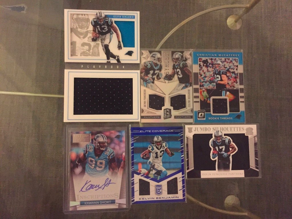 Panthers:Kelvin Benjamin relic booklet /99: $10Kelvin Benjamin/Devin Funchess dual relic /199: $7Christian McCaffrey relic: $6Kawann Short auto: $4Kelvin Benjamin dual relic: $4Devin Funchess relic /99: $3