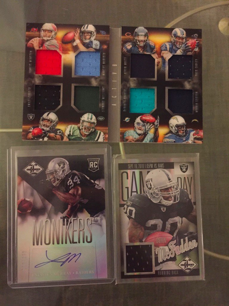 Raiders:8x relic booklet /199 with Amari Cooper: $20Latavius Murray auto /299: $6Darren McFadden relic /49: $4