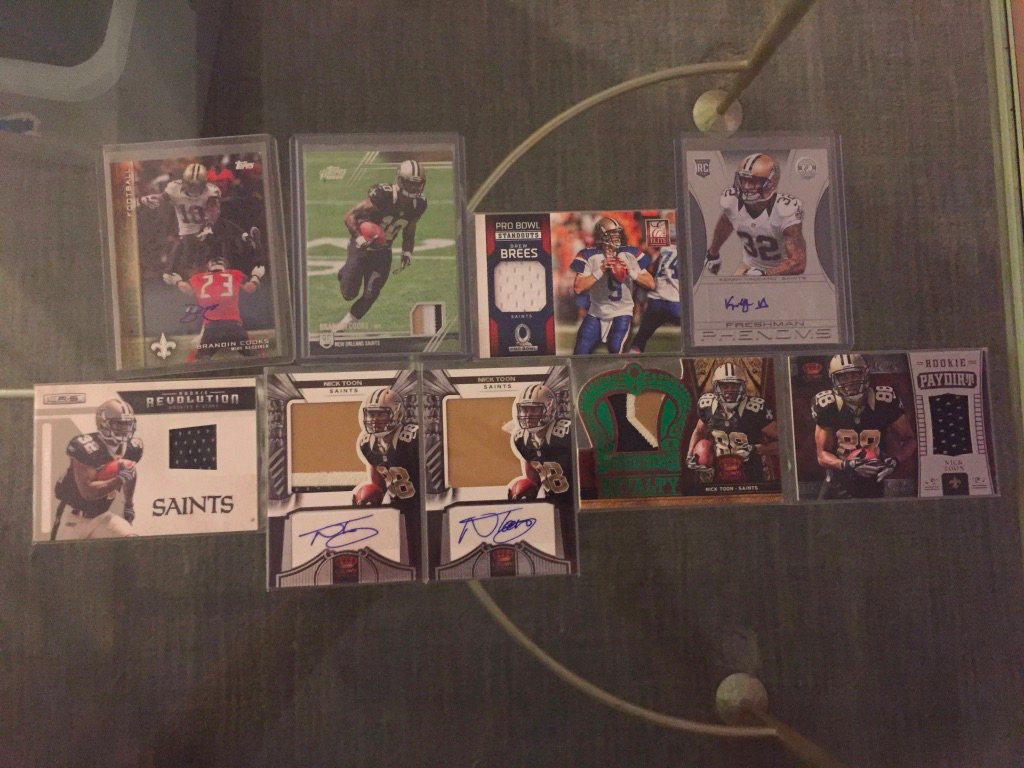 Saints:Brandin Cooks auto /99: $10Brandin Cooks patch: $8Drew Brees relic /299: $6Kenny Vaccaro auto /499: $5Mark Ingram relic /299: $5Nick Toon RPAs /349: $5 eachNick Toon patch /49: $4Nick Toon relic /149: $2