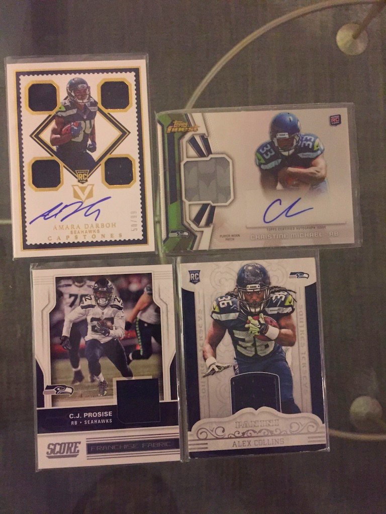 Seahawks:Amara Darboh RPA /99: $6Christine Michael RPA: $4CJ Prosise relic: $2Alex Collins relic (has some damage): $2