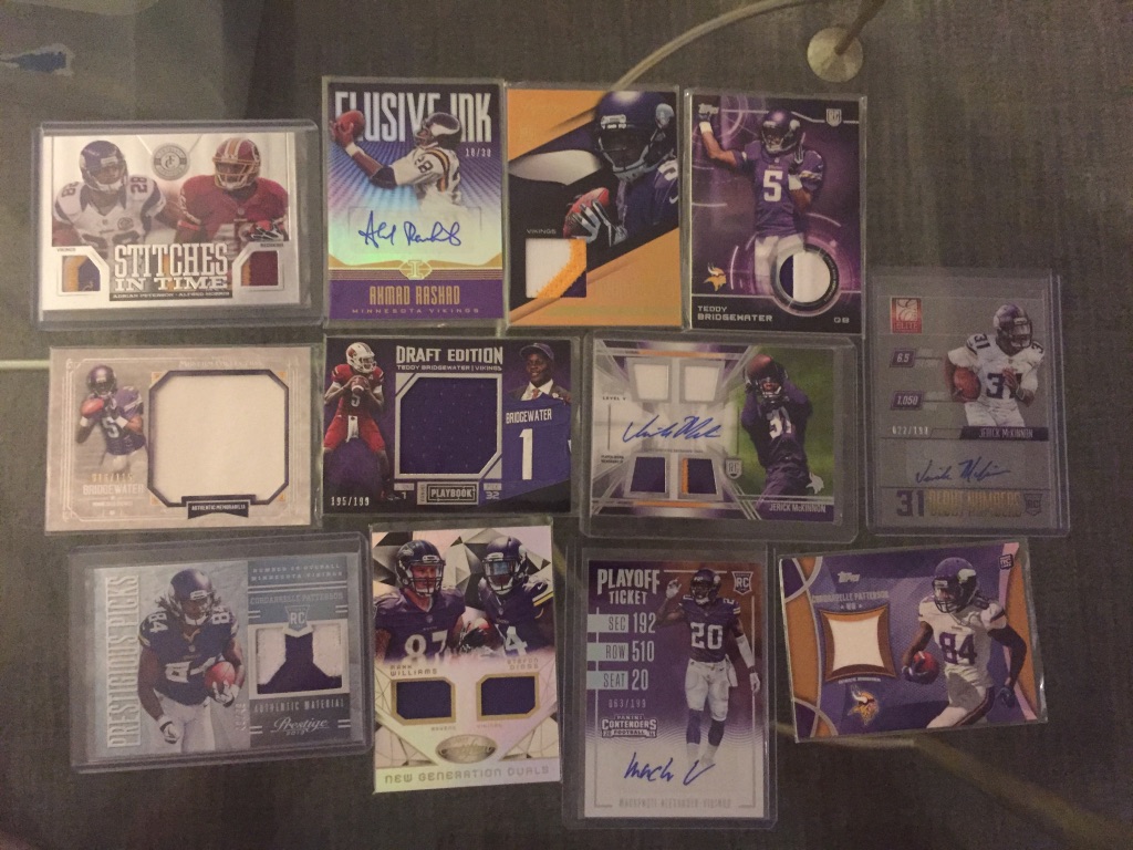 Vikings:Dual patch with Adrian Peterson /25: $25Ahmad Rashad auto /30: $15Teddy Bridgewater patches: $7 eachTeddy Bridgewater relics (/115 and /199): $6 eachJerick McKinnon RPA: $6Jerick McKinnon auto /199: $5Cordarelle Patterson patch /49: $5(continued)