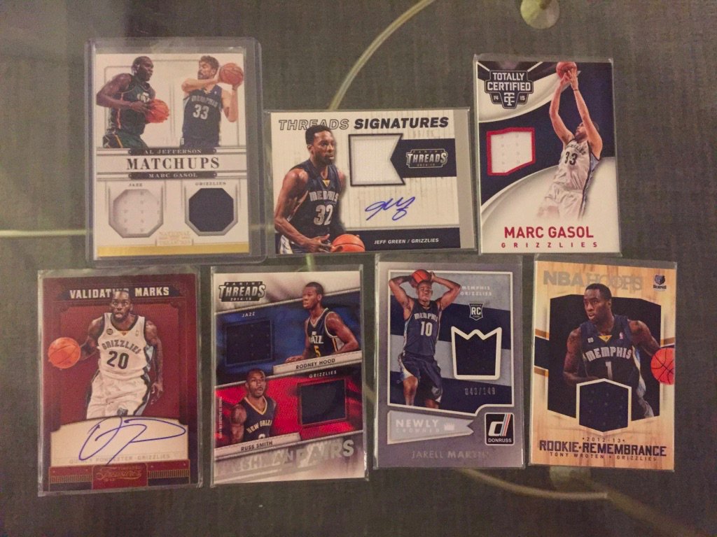 Grizzlies:Dual relic with Gasol /99: $12Jeff Green auto relic /99: $10Marc Gasol relic /249: $5Quincy Pondexter auto /199: $4Dual relic with Smith /199: $3Jarrell Martin relic /149: $3Tony Wroten relic: $2