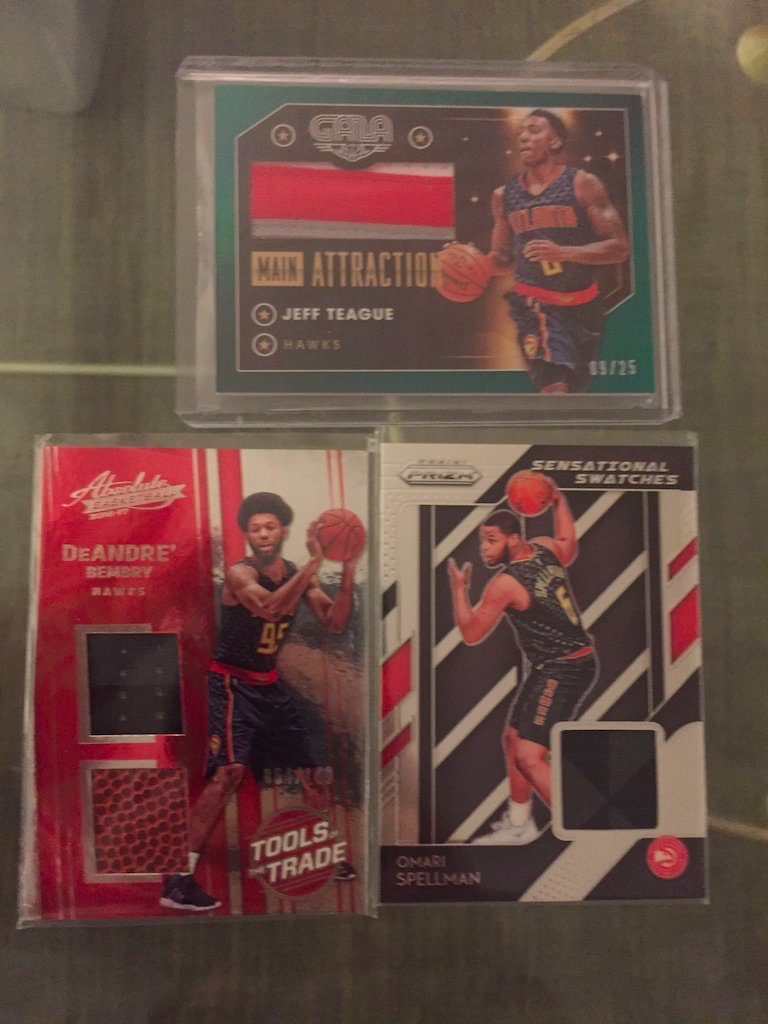 Hawks:Jeff Teague patch /25: $10DeAndre Bembry dual relic /149: $3Omari Spellman relic: $2