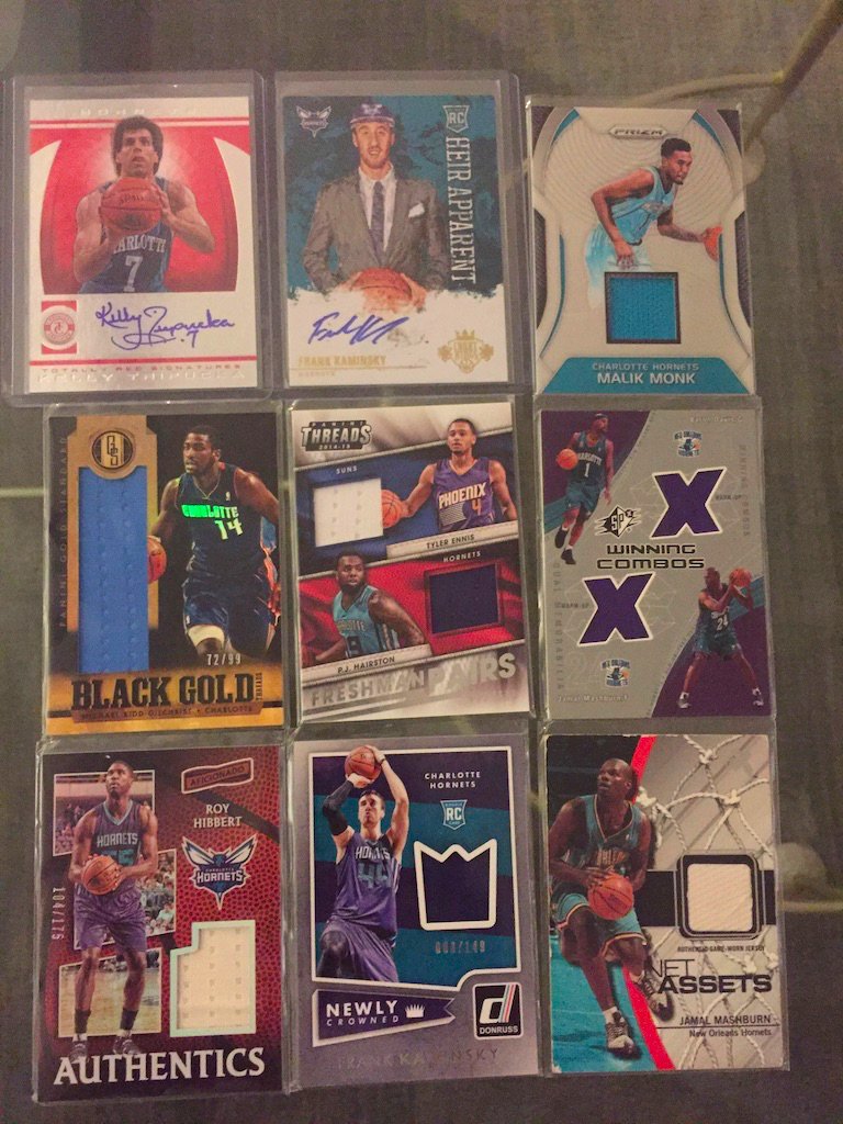 Hornets:Kelly Tripucka auto /10: $15Frank Kaminsky auto: $15Malik Monk relic: $3MKG relic /99: $3Dual relic with Hairston /199: $3Baron Davis/Jamal Mashburn dual relic: $3Roy Hibbert relic /175: $3Frank Kaminsky relic /149: $3Jamal Mashburn relic (chipped corners): $1