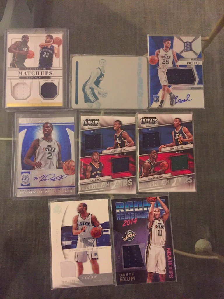 Jazz:Dual relic with Jefferson /99: $12Dante Exum plate: $10Raul Neto RPA: $5Marvin Williams auto /49: $5Dual relic with Hood /199: $3Dual relic with Exum /199: $3Carlos Boozer relic /100: $3Dante Exum relic: $2