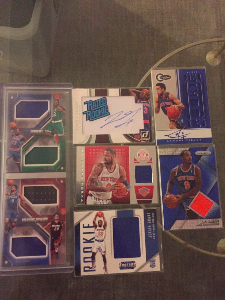 Knicks:Booklet with Grant /199: $15Jerian Grant auto: $5Landry Fields RPA /49: $4Tyson Chandler relic /99: $4JR Smith relic: $4Jerian Grant relic: $3