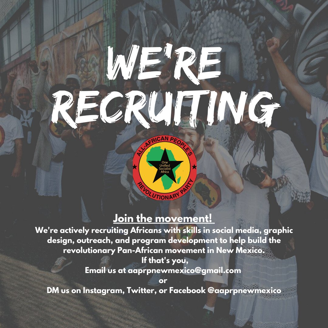 aaprpsouthwest's tweet photo. We're actively recruiting Africans with skills in social media, outreach, and program development to help build the revolutionary Pan-African movement in New Mexico.
Email us at aaprpnewmexico@gmail.com
DM us on Instagram, Twitter, or Facebook @aaprpnewmexico
#BuildtheAAPRP https://t.co/WayxsC2VOM