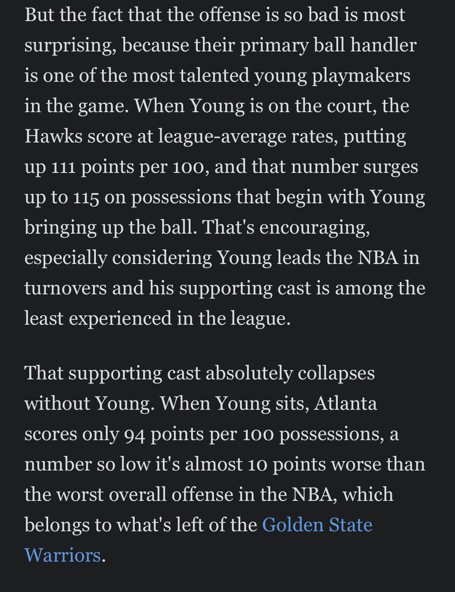 The Hawks offense is pretty average with Young on the court. Now that’s surprising, considering he’s one of the better offensive initiators in the game. With him off, the Hawks offensive production falls off a cliff, far worse than the Warriors (worst in league).