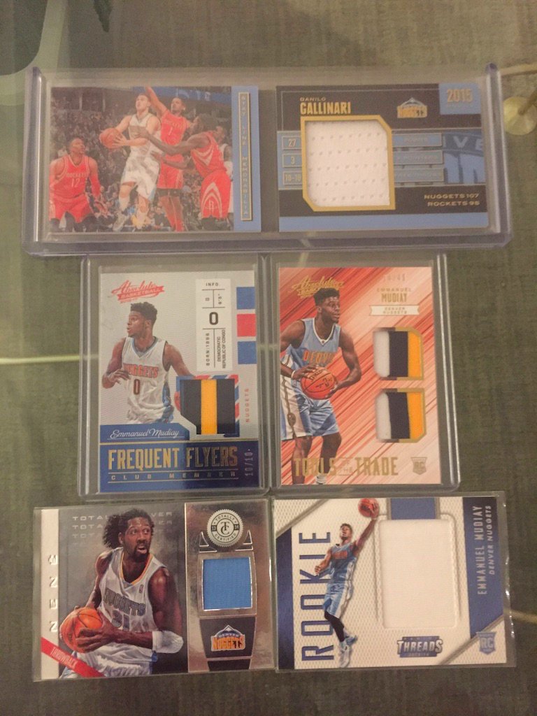 Nuggets: Danilo Gallinari relic booklet /149: $12Emmanuel Mudiay patch /10: $10Emmanuel Mudiay dual patch /49: $8Nene relic: $3Emmanuel Mudiay relic: $3