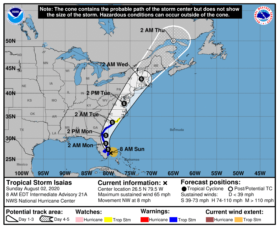 #Isaias update: Tropical storm conditions are expected to spread northward along the east coast of Florida within the warning area through early Monday. These conditions are expected to spread northward along the coast of Georgia &amp; South Carolina within the warning area on Monday