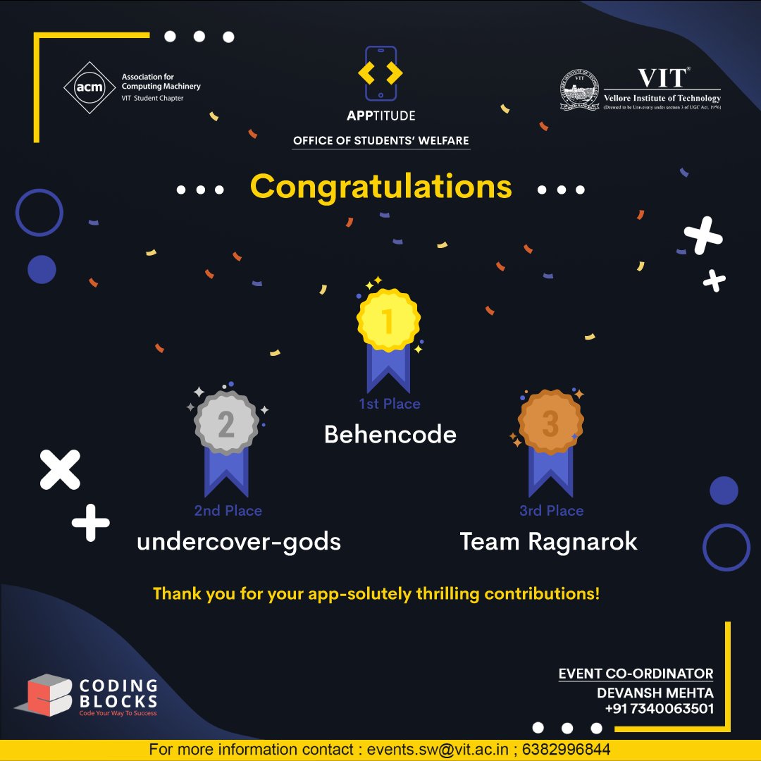 ACM_VIT's tweet image. With over 200 participants, App-titude was a raging success! It was thrilling to see such enthusiastic participation from all and we wish a hearty congratulations to our winners.
1. Behencode
2. undercover-gods
3. Team Ragnarok

#hackathon #acm #acmvit #acmindia