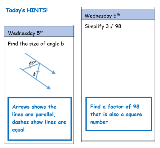 RodillianMaths's tweet photo. Good morning @Rodillian_Ac and @BBGAcademy @BBGMATHS students. Here are your hints for today's daily questions. Check your emails for the rest of this week's questions and last week's worked solutions. Remember you can email Miss Clifton if you get stuck #Maths #WednesdayWisdom https://t.co/UMQjCvgveZ