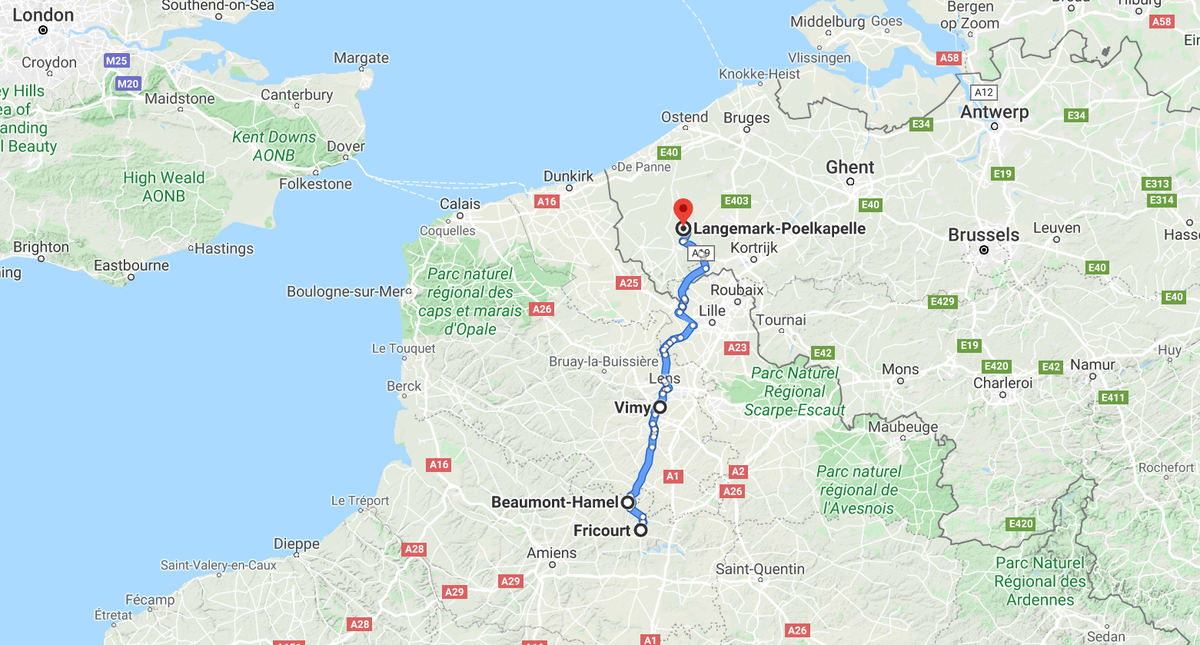 Bewshers progressA quick map showing Bewshers advance through Picardy and the Pas de Calais into Belgium and Poelcappelle. July 1916 to September 1917.