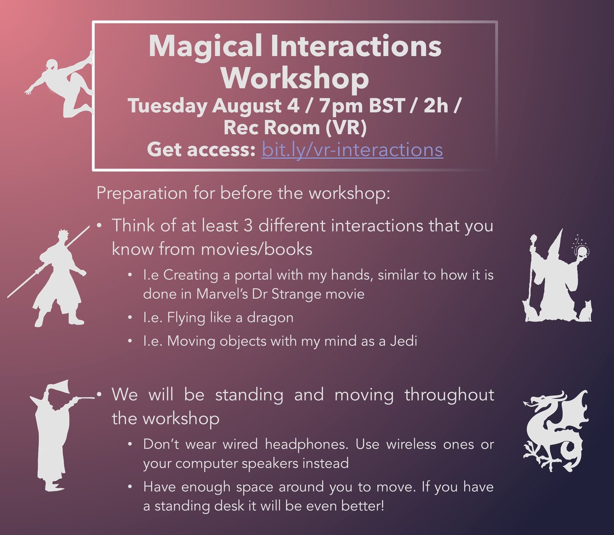 Do you find motion controls and physical movements in games enjoyable? 

Come join our next FREE (and fun) workshops on ✨Magical Interactions✨ in #VR on Tuesday at 7pm BST! 2h long and all done in <a href="/RecRoom/">Rec Room</a>    

Get access to our Discord: bit.ly/vr-interactions 
#gamedev #ML