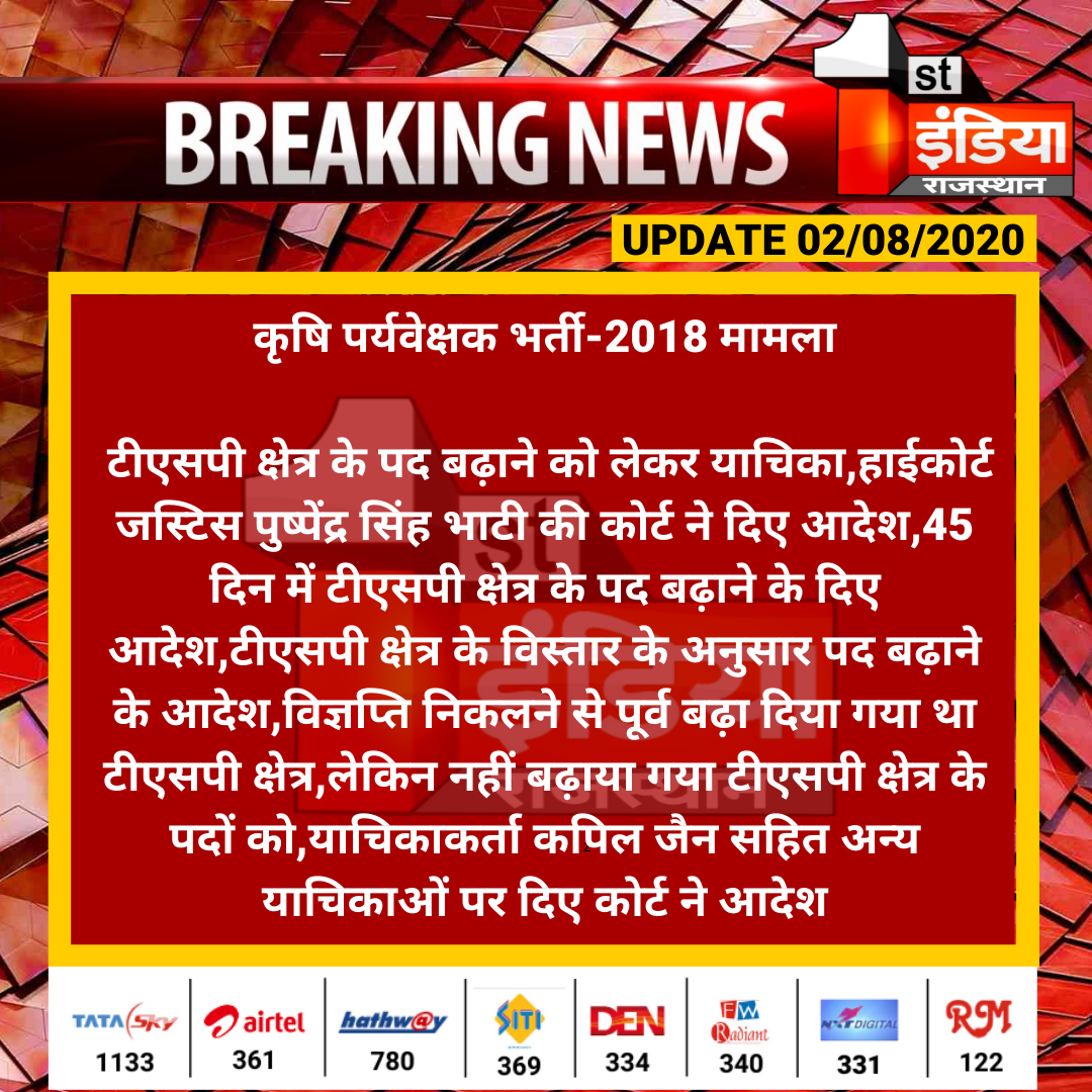 bherula77882165's tweet photo. #Jodhpur: कृषि पर्यवेक्षक भर्ती-2018 मामला 

टीएसपी क्षेत्र के पद बढ़ाने को लेकर याचिका,हाईकोर्ट जस्टिस पुष्पेंद्र सिंह भाटी की कोर्ट ने दिए आदेश,45 दिन में टीएसपी क्षेत्र के पद बढ़ाने के दिए आदेश
#RajasthanWithFirstIndia https://t.co/9jIuiJ0AIC https://t.co/ffigDKTq29