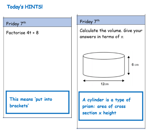 RodillianMaths's tweet photo. Good morning @Rodillian_Ac and @BBGAcademy @BBGMATHS students! Here are today’s hints for your daily questions. Y9 &amp; 10, check your emails to see the rest of the questions and remember you can email Miss Clifton if you get stuck #Maths #MathsEveryoneCan #DailyHabits #FridayFun https://t.co/OqsYX1mJH5