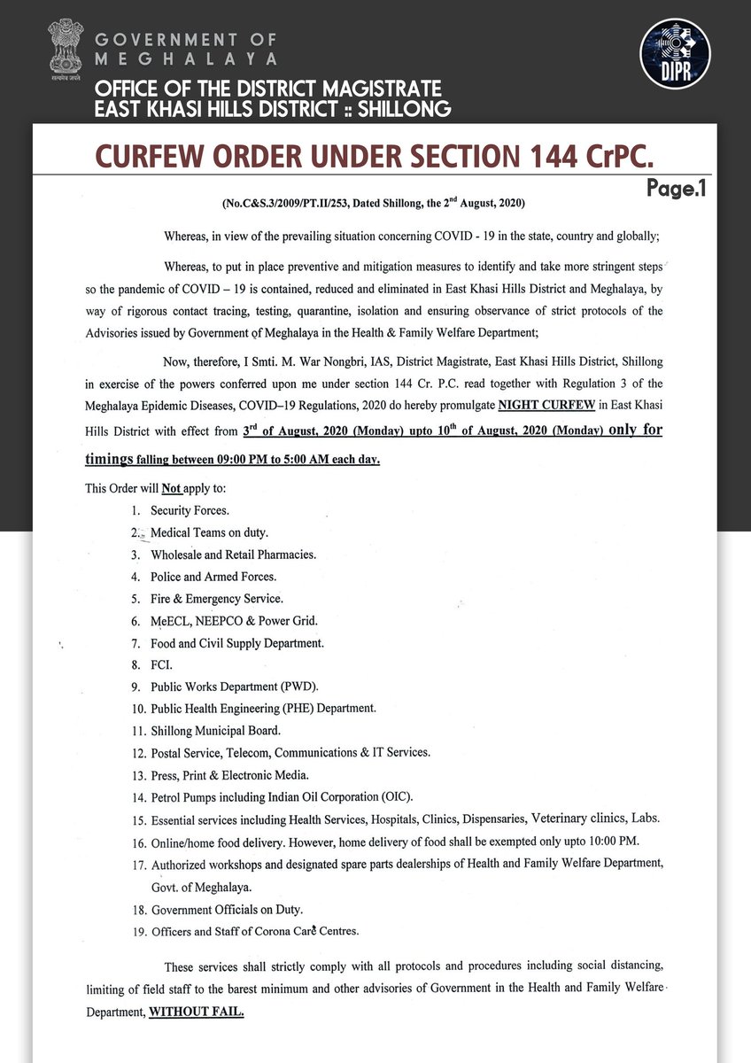 DiprMeghalaya's tweet photo. #CurfewOrder issued by the District Magistrate, East Khasi Hills District.
2nd August, 2020.
@JamesSangma1
@CMO_Meghalaya https://t.co/yLoL6VLXhy