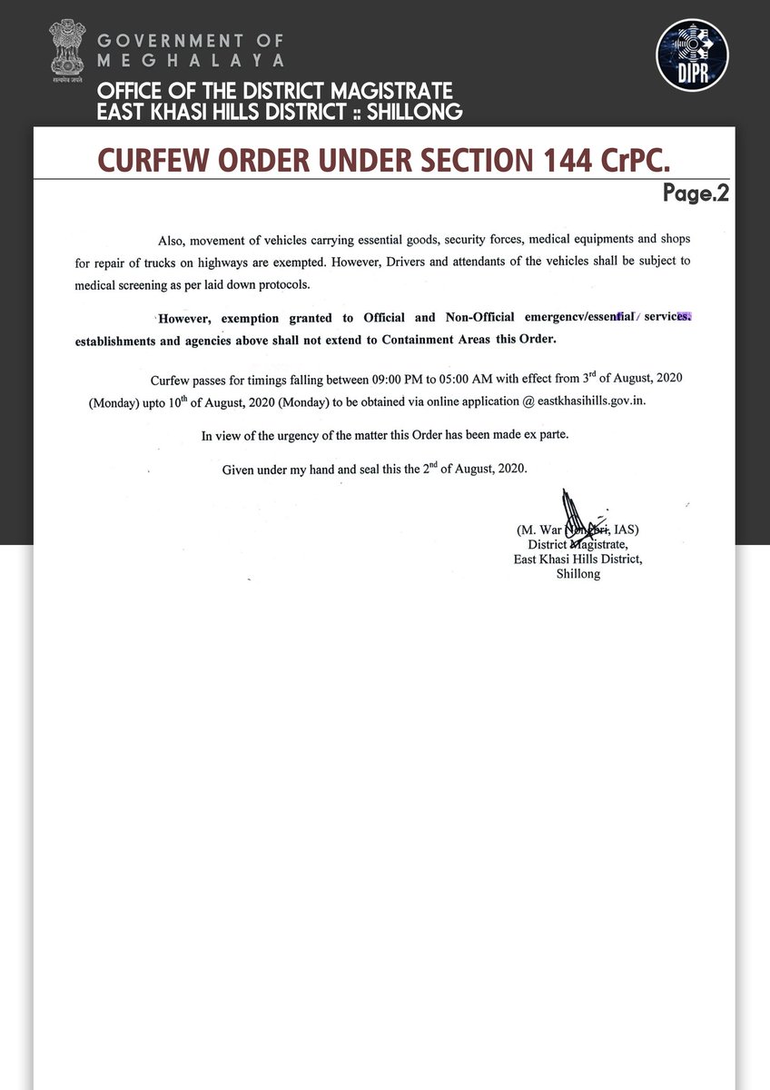 DiprMeghalaya's tweet photo. #CurfewOrder issued by the District Magistrate, East Khasi Hills District.
2nd August, 2020.
@JamesSangma1
@CMO_Meghalaya https://t.co/yLoL6VLXhy