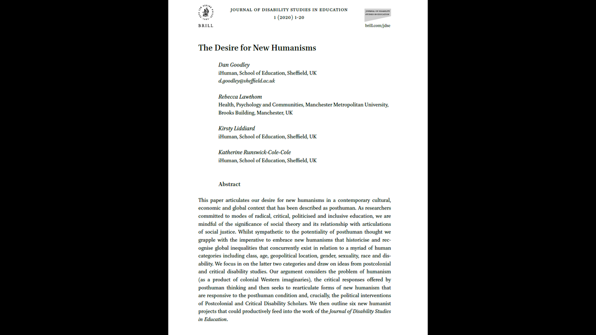 Great paper by <a href="/DanGoodley/">Professor Dan Goodley</a> Dan Goodley and others setting out a posthuman research agenda for disability studies in education.  Six projects developing 'new humanisms' that 'historicise and recognise global inequalities'. researchgate.net/publication/34…