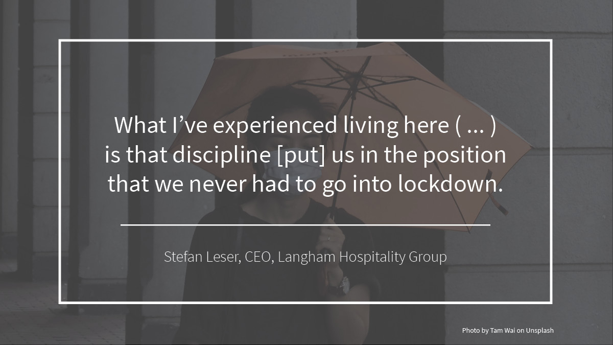janetblunt's tweet photo. Stefan believes the discipline of wearing masks has allowed Hong Kong to manage the pandemic more effectively as they provide people with a constant reminder to stay alert. #langham #skiftsummit #hotelrecovery #digitaledu https://t.co/wvpXvQb9mI