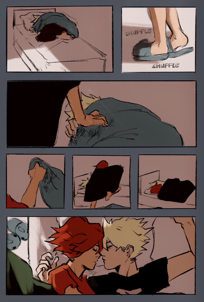 rough comic for #KrBkMonth2020 (sleepover) ( '▽`) bakugou gets pretty loud when he has nightmares, so kirishima gets up and knocks on his door in a specific patttern to let bakugou know he's coming in. + 