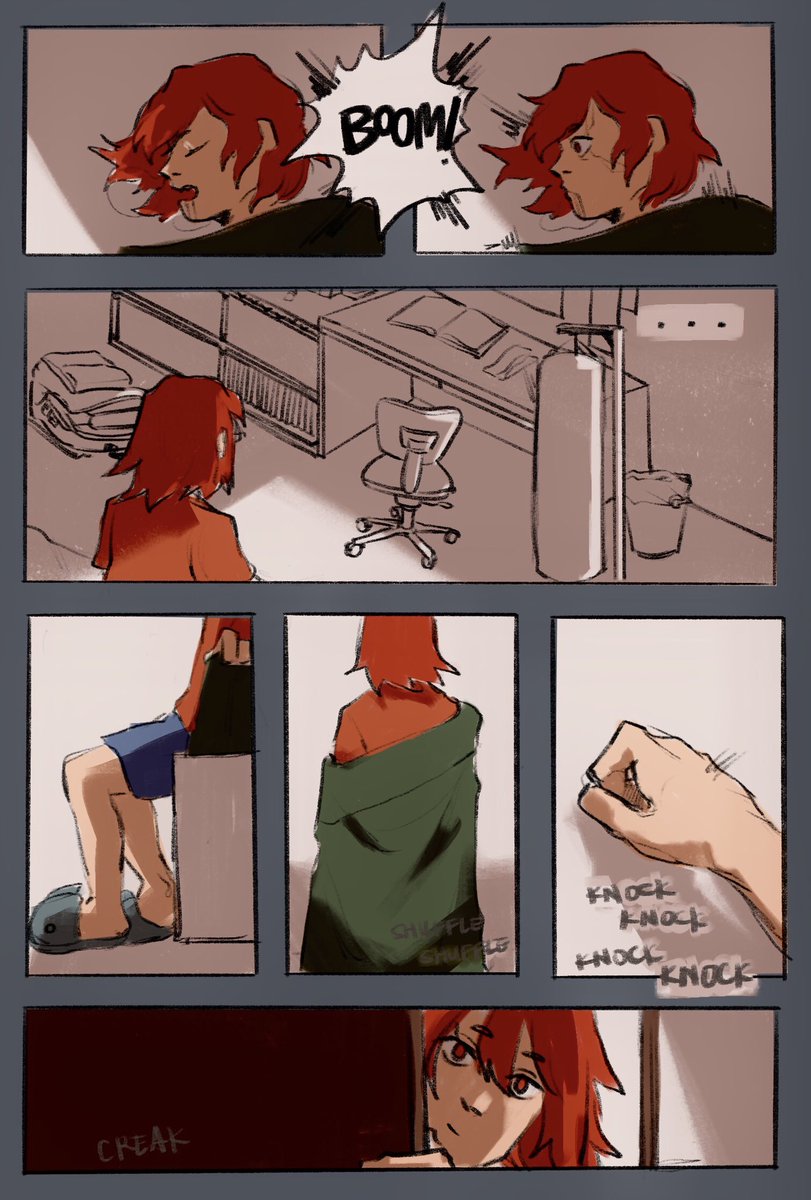 rough comic for #KrBkMonth2020 (sleepover) ( '▽`) bakugou gets pretty loud when he has nightmares, so kirishima gets up and knocks on his door in a specific patttern to let bakugou know he's coming in. + 