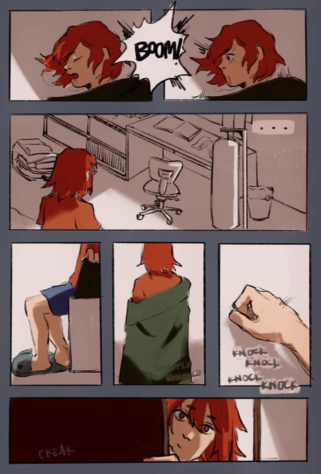 rough comic for #KrBkMonth2020 (sleepover) ( '▽`) bakugou gets pretty loud when he has nightmares, so kirishima gets up and knocks on his door in a specific patttern to let bakugou know he's coming in. + 