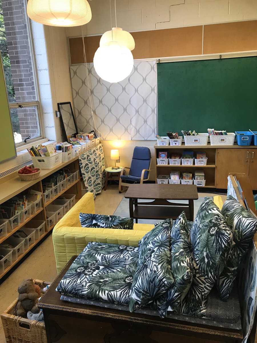 This is my Gr2/3 classroom. I don’t have desks to support different learning styles, collaboration, self-reg., etc. I calculate 11 spots that would allow for physical distancing with the furniture I have?  Who has desks anymore? #SafeSeptember <a href="/Sflecce/">Stephen Lecce</a> #onted #UnsafeSeptember