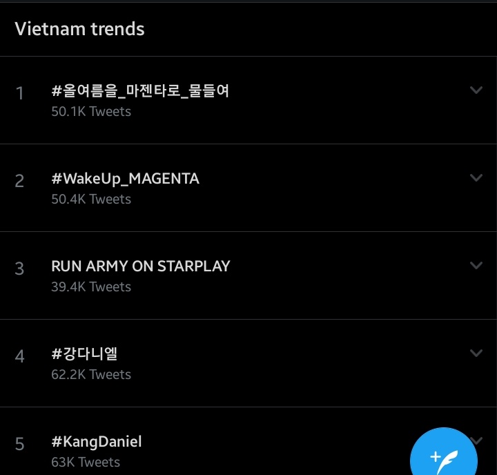 KDaniel_Records's tweet photo. 2020.8.2

📈Twitter

#올여름을_마젠타로_물들여
#1 Vietnam 
#2 Korea

#WakeUp_MAGENTA
#1 Korea
#2 Vietnam 

#강다니엘
#4 Vietnam

#KangDaniel
#5 Vietnam 

@konnect_danielk https://t.co/JesUfUqeXy